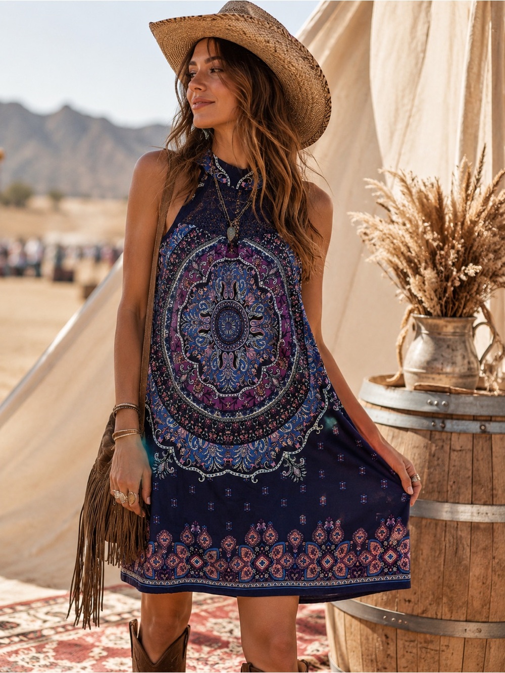 Boho Halter Medallion Print Dress in Navy & Purple